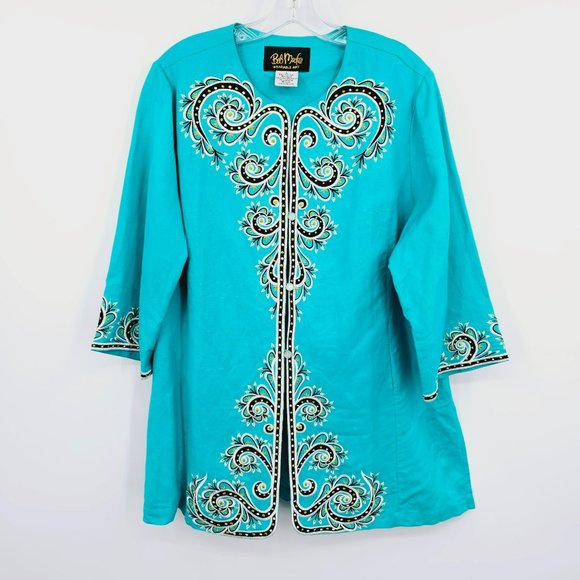 Bob Mackie Wearable Art Tunic Top Jacket L Colorful Embroidered Boho Button Up - Picture 1 of 12